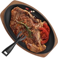 High quality oval sizzling plate with wood base sizzling plate with handle steak pan grill cast iron