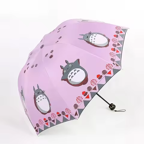 Totoro Cartoon Sun Rain Umbrella - Black Vinyl 8-Fold UV Protection Tri-Fold Umbrella, Anti-UV Compa