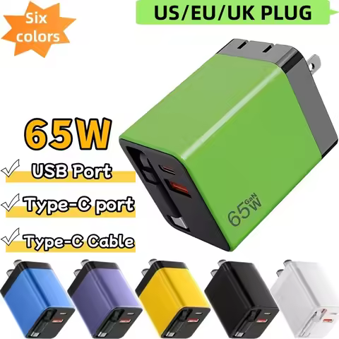 65W GaN Super Fast Charger EU/US/UK Plug Type-C Cable+USB Port+Type-C Port 3 In 1 Charging Head For 