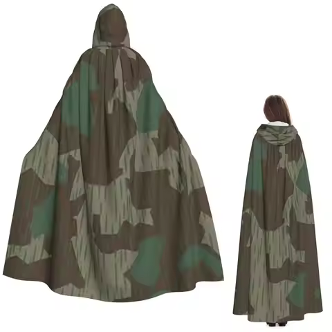 WW2 Germany Military Splinter Camo Splittertarn Camouflage Long Hooded Cloak Witch Medieval Costume