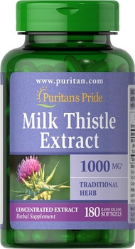 แบบรุ่นใหม่ เปลี่ยนสี วิตามินบำรุงตับ puritan Milk Thistle 1000 mg 4:1 Extract (Silymarin) 180 Softgels