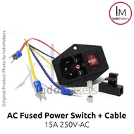 AC Power Rocker Switch 250V Fused 15A Socket Switch 3 Pin with Cables