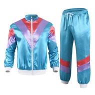 80s Women Tracksuit Set Retro Hip Hop Disco Outfit Color Block Jacket Elastic Waist Pants Set Casual