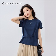 GIORDANO Women T-Shirts 100% Cotton Button Waist Belt Tee Crewneck Short Sleeve Summer Simple Fashio