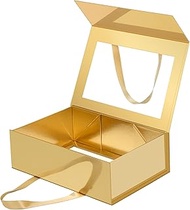 JINGUAN Large Gold Clear Gift Box, 13.5x9x4.1 Inches Gift Box with Window by Handle, Bridesmaid Prop