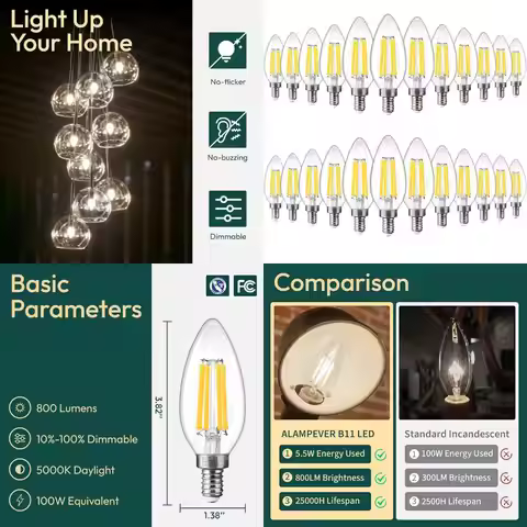24-Pack 5.5W Dimmable LED Chandelier Bulbs, 800LM, 100W Equivalent, 5000K Daylight, E12 Base, Ideal 