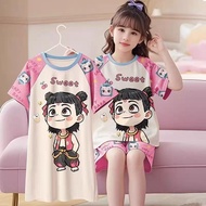 3 in 1 Set Girls Sleepwear Shorts Sleeve + Shorts + Dress Pyjamas for Kids Cartoon Nezha Cartoon