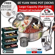 [Singapore Stock] WOODLES 6 Litres (30cm) Yuan Yang Large Dual Steamboat Hotpot★Induction Pot with Divider★304-Grade Stainless Steel★Tinted Glass Lid★Local Shipping &amp; Warranty