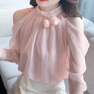 E0530-Ladies Chiffon Shirt Summer Cool Exquisite Small Shirt Elegant Temperament Strapless Design Ro