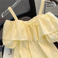 Taiwan Ready Stock-Goods Puff Sleeve Shirt Summer Ruffled Flat Neck Women Design Feeling Pure Desire