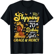 Men's cotton T-shirt Stepping Into My 70th Birthday Afro Woman Religious Birthday T-Shirt Fast Shipp