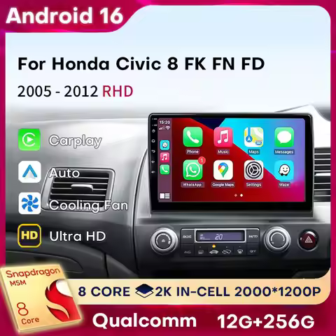Android 16 Carplay For Honda Civic 8 FK FN FD 2005 2006 2007 2008 - 2012 RHD Head Unit 360 Camera 4G