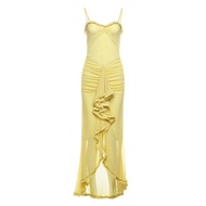 Váy Lưới Ren Không Dây Màu Vàng Của Kliou Cho Nữ Váy Xếp Ly Che Giấu Mỡ Váy Không Đều Váy Dài Mùa Th