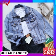 Jeans Jacket Korean Style Oversized Bomber Jiniso Jacket Crop Jeans Oversized Pocket Blue Acid Pearl