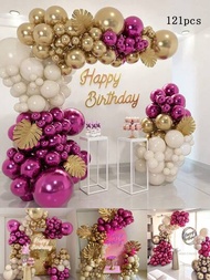 121入組復古金屬氣球鏈花環套裝,包括龜蝶蘭葉子,適合女生和女人的1/3/5/16/18/30/40歲生日、喜婚、新娘派對、訂婚、週年紀念和派對背景裝飾用品。球氣球尺吋大小多樣（5/10/12/18吋）,顏色選擇多樣（金屬粉、黃金、復古塵白色）和質感豐富（啞面、珍珠、亮面）