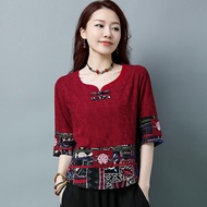 Dress Ethnic Style Plus Size Women's Loose Cotton Linen Short-Sleeved T-Shirt Women Embroidered Jacquard Linen Short Top/Vietnam weifei52. my