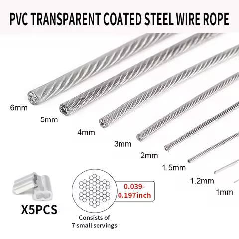 1/1.2/1.5/2/3/4/5mm Cable Rope, 5-20m PVC Transparent Coated Steel Cable Rope, 304 Stainless Steel C