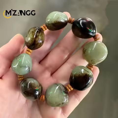 Natural Hetian Jade Original Stone Bracelet with Carved Black Leather Jade Beads String Men's and Wo