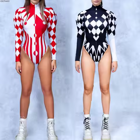 Dark Clown Buffon Sleeve Bodysuit Circus Joker Carnival Holiday Party Jumpsuit Women Graffiti Lattic