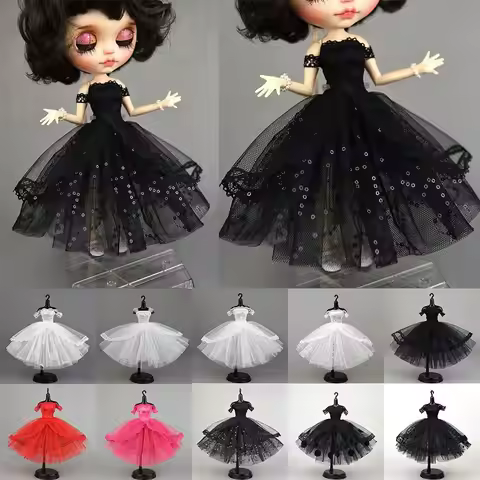 Black Princess Dress for Blythe Dolls New Year Evening Party Dress for BJD Blythe Dolls Off Shoulder