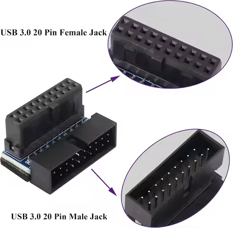 Adaptador de placa base USB 3,0 19 pines/20 pines macho a hembra conector de giro de ángulo recto pa