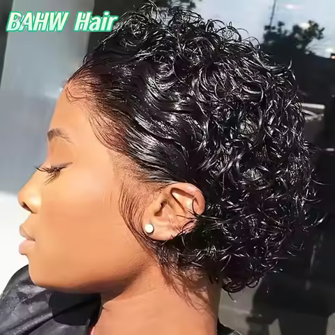 Peruvian Hair Pixie Cut Wig Kinky Curly Virgin Hair Wig 1B/30 Short Bob Natural Color Full Machine M