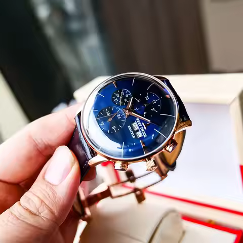 Reef Tiger RT Luxury Men's Automatic Watch Waterproof Blue Leather Strap Functional Timepiece Relogi
