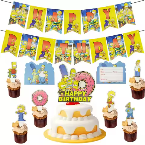 92PCS The Simpsons Theme Birthday Party Supplies Kit With Banner Cake Toppers Plates Cups Bottle Lab
