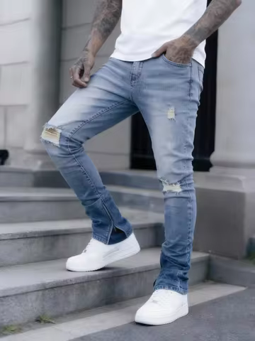 1 Men's Slim Fit Jeans with Zippered Hem and Distressed Knee Design - Stretch Denim Street Style Pan