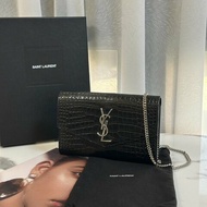 YSL 鱷魚壓紋信封鍊包 - 黑銀