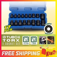 17PCS TUOCHI 1/2 inch & 3/8 inch Drive Square Female Impact Torx E Socket Set E5 to E24 Socket Size 