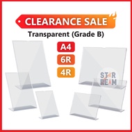 [Warehouse Clearance] L Shape Transparent Acrylic Display Stand A4 6R 4R/ QR Code Menu Poster Frame 