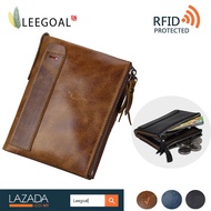 Brown leegoal Men RFID Blocking Wallet Genuine Leather Double Zipper Bifold Wall