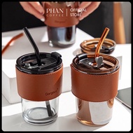 Cốc thuỷ tinh 450ml bọc da tặng kèm nắp đậy và ống hút - Phan Coffee