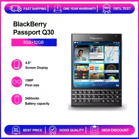 Original BlackBerry Passport Q30-1-3 4G Unlocked Mobile Cell Phone QWERTY 4.5'' 13MP Bluetooth Black