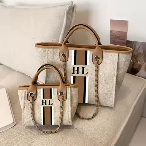 Customize monogram striped Big Mama and mini size canvas handbag travel bags totes shopping shoulder
