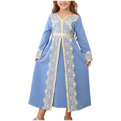 Kids Girls Muslim Abaya Lace Belted Prayer Dress Arab Dubai Children Ramadan Kaftan Dubai Long Robe