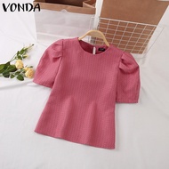เสื้อแขนพองเสื้อยืดคอกลมหรูหราของผู้หญิง VONDA เสื้อเสื้อสตรีผ้าทออารมณ์สีพื้น (ลำลองเกาหลี) #2