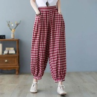 Quần Harem Cotton Linen Classic Thin Plaid Elastic Waist for Women Autumn Spring Slimming plus Size