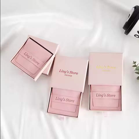 Personalized Logo 8x8cm Jewelry Bag and 9x9x2.5cm Pink Custom Drawer Paper Box Print Earring Packagi