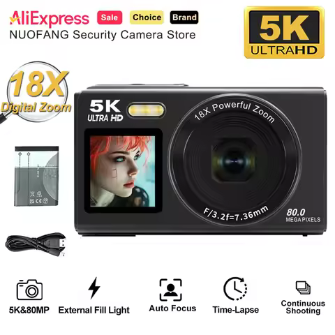 5K 80MP Digital Camera CCD Dual Screen Portable Digital Camera 18X Zoom 5K Vintage Vlog Video Record