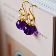天然原礦紫水晶 珍珠古法金鳳設計耳勾耳環