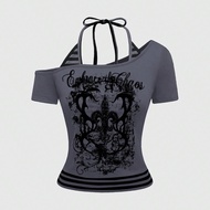 Lễ hội Rave bãi biển mùa hè Gyaru Style, Áo thun hở lưng in họa tiết dây leo kẻ sọc tương phản nhuộm