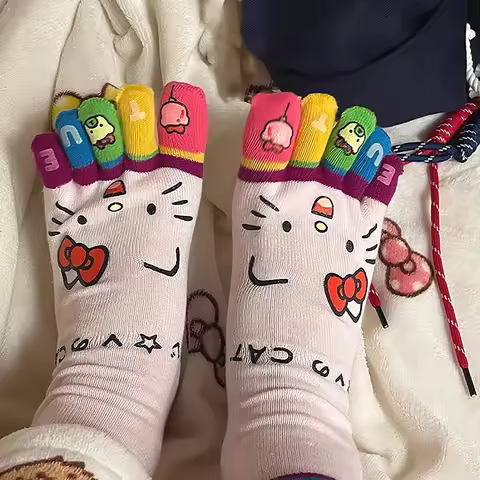 Hello Kitty Five Finger Socks Anime Sanrio KT Cat Y2K Soft Comfortable Floor Sock Home Socks Girl Gi