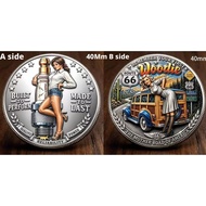 Game & Anime Route 66 Vintage Car Girl Lucky Commemorative Coin - Board Game Collectible