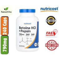 [Ready Stock] Nutricost, Betaine HCL + PepsiNutricost 790mg Betaine HCL Plus Pepsin 240 Capsules Gas