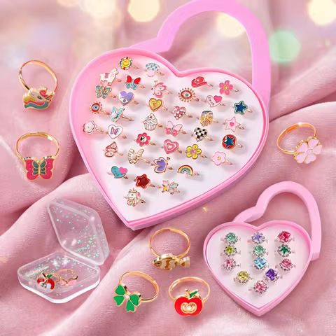 6/12/36pcs Cute Adjustable Rings Children Girls Pretend Play Makeup Toys Cartoon Crystal Jewelry All