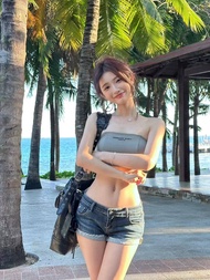 Quần Short Denim Cạp Thấp American Hot Girl Retro Cho Nữ Mùa Hè 2024 Quần Bó Co Giãn Có Viền Quần Bó