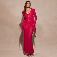 Early Spring/Summer Women Sexy Magenta, Burgundy, Plum, Berry, Pink Sheer Blouse And Maxi Skirt 2 Pi