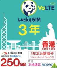 ［實體卡］Lucky SIM 3年電話卡 本地數據250GB 通話5000分鐘 有Number可轉ESIM